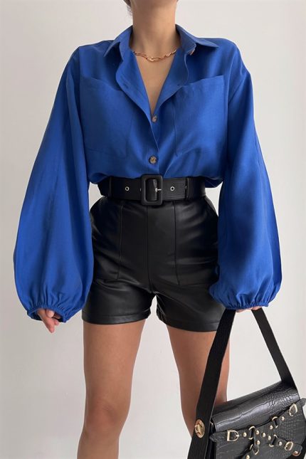 Sleeve Pleated Pocket Detailed Shirt Sax